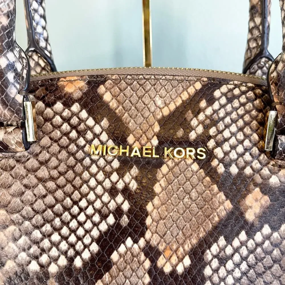 Michael Kors Embossed Leather Snakeskin Python Print Riley Satchel Hand Bag - Picture 11 of 13